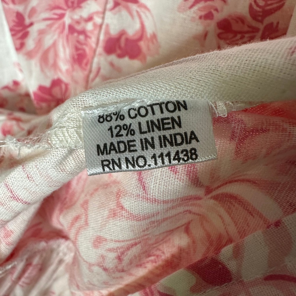 Pink Cottagecore Floral Toile Midi Dress Cotton Linen Puff Sleeve Smocked Back - Picture 6 of 7